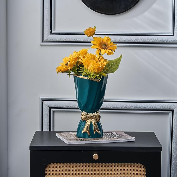 Bow Vase for Home Decor, Gold Vase for Boho Style, 9.65 Inch Large Vases for Ideal Table Decor, Living Room. Ceramic Flower Vases. （Glazed Exterior and Interior） (Green, Large)