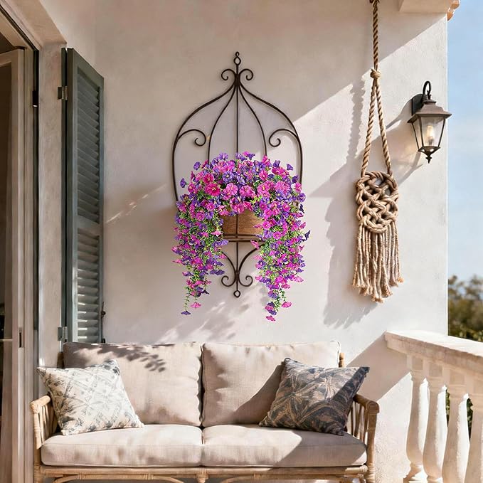 Artificial Hanging Flowers for Outdoors, 4 PCS UV Resistant Faux Plants Silk Realistic 150 Morning Glory Each Vines, Fake Plastic Floral for Garden Patio Spring Summer Decor, Fuchsia & LightPurple
