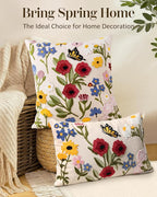 Embroidered Throw Pillow Cover 20x20 Inch - Spring Summer Boho Decorative Pillow Cover with Zipper for Living Room Couch Sofa Bed Aesthetic Design Retro Flower Cushion Pillowcase