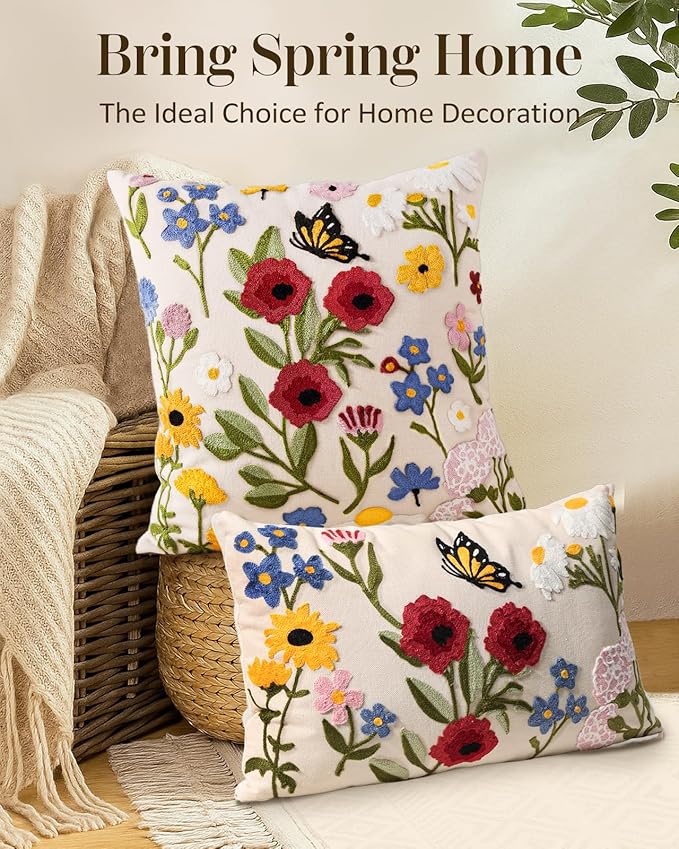 Embroidered Throw Pillow Cover 20x20 Inch - Spring Summer Boho Decorative Pillow Cover with Zipper for Living Room Couch Sofa Bed Aesthetic Design Retro Flower Cushion Pillowcase