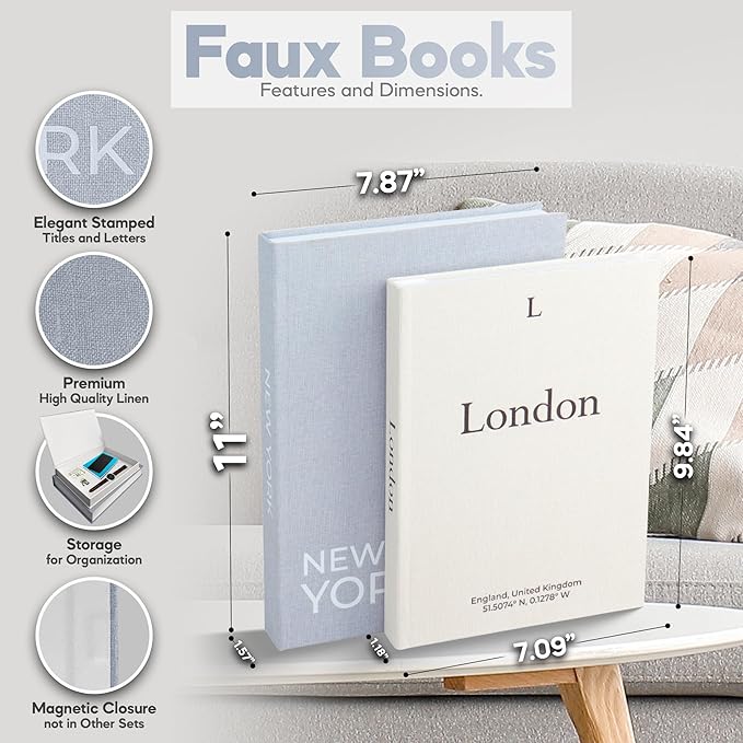 Faux Book Storage Box Set of 2 (Beige/Gray) – Decorative Faux Books with Hidden Storage for Coffee Table Decor, Bookshelf or Mantle – Linen Decorative Boxes – Aesthetic Book Decor for Home