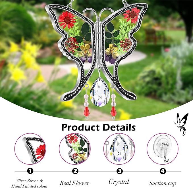 KY&BOSAM Butterfly Suncatcher Gifts for Mom Stained Glass Butterfly for Windows Hangings Wind Chime Ornament Pressed Rearl Flower Wings and Crystal Charm Birthday Gift for Mom Mother`s Day Christmas