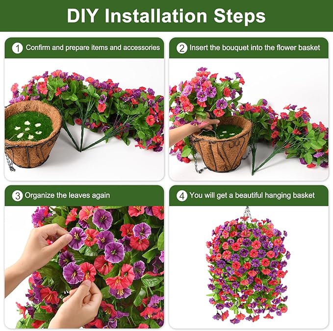 Homsunny Artificial Faux Hanging Flowers Plants Baskets for Outdoor Spring Summer Decorations,Resistant Fake Morning Glory Silk Plants for Outside UV Resistant Patio Yard Home Porch Decor(Red Purple)
