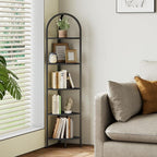 Homhedy 5-Tier Arched Corner Shelf Stand, Wall Corner Bookshelf with Metal Frame, Plant Stand, Industrial Storage Rack Shelf for Living Room, Bedroom, Office, Bathroom, Black