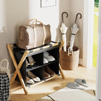 Luggage Rack for Guest Room, Folding Suitcase Stand with Fabric Storage Shelf, Upgraded Bamboo Luggage Holder, Steel Foldable Luggage Stand for Guest Room, Bedroom, Hotel, Natural