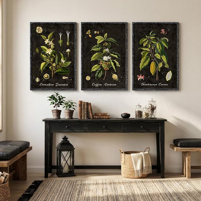 Large Vintage Framed Botanical Wall Art for Living Room, 3 Piece Dark Green Plant Canvas Paintings Prints, Retro Coffee Botanical Leaf Pictures for Dining Room Coffee Bar Kitchen Wall Decor, 24x36 In
