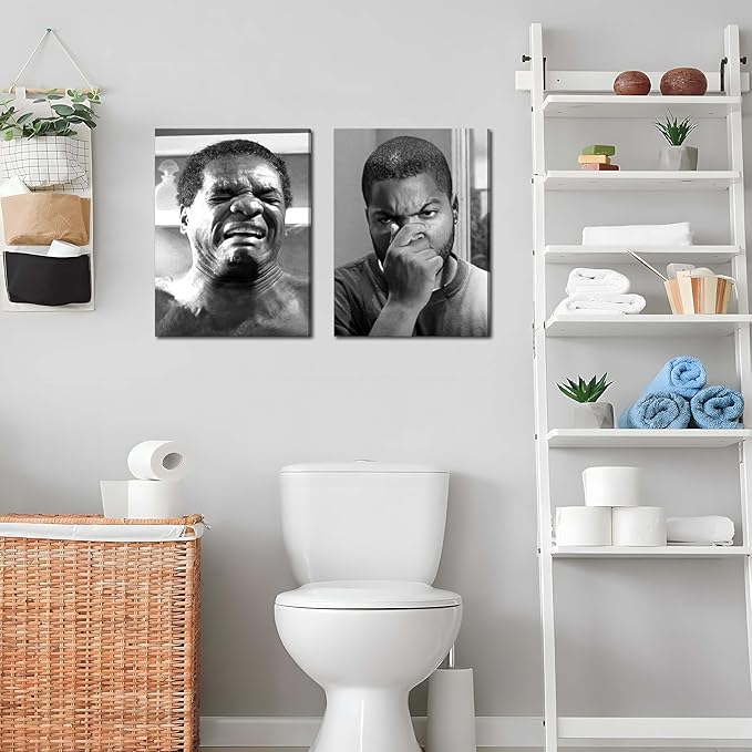 Framed Funny Bathroom Canvas Wall Art Set of 2 - Black and White Vintage Comedy Movies Posters, Funny Toilet Humour Smell Wall Decor Prints for Bathroom Decor 12x16in