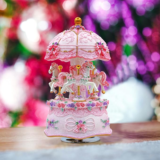 Carousel Music Box，Luxury Color Change LED Light Music Box,Luminous Rotating 3-Horse Musical Box with Gift Box for Girls Birthday Valentine Gift (Castle in The Sky, Pink)