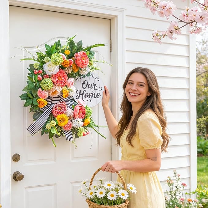 Spring Summer Wreaths for Front Door 24 Inch, Half Moon Wreath with Peony, Rose & Dalia, Outdoor Spring Wreaths for Front Door Outside, Summer Wreath for Front Door Farmhouse Welcome Sign Door Decor