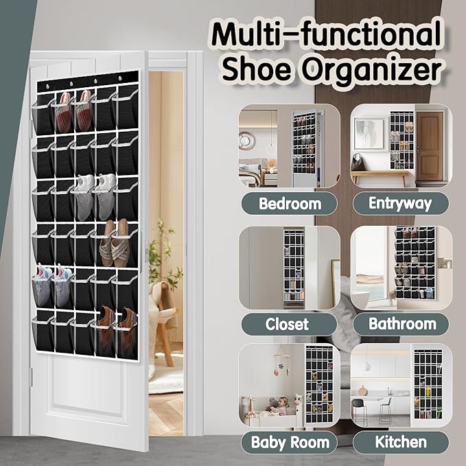 Over the Door Shoe Organizer with 30 Breathable Mesh Pockets - Large Capacity Closet Storage for Men & Women, Hanging Shoe Rack Organizer (Black, 30-Pocket)
