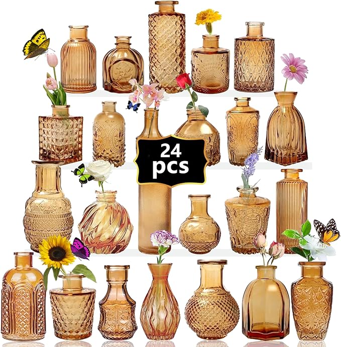 Mini Bud Vases As Wedding Centerpieces for Tables,Clear Bud Vases for Flowers,Small Flower Vases Suitable for Birthday Party,Anniversary,Wedding Reception,Baby Shower (Amber, 24PCS)