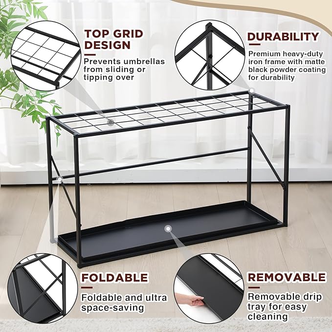 Colingmill Folding Umbrella Storage Stand Rack Holder Organizer Free Standing Umbrella Rack with Removable Drip Tray for Entryway Home Office Hotel Entry Hallway (L35.51 X W11.89 X H19.69 Inch)