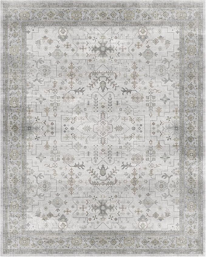 Lessymo 8x10 Area Rugs for Bedroom, Large Washable Rug for Living Room Dining Home Office, Soft Non-Slip Vintage Floral Neutral Carpet, Boho Neutral Farmhouse Decor, Taupe Grey