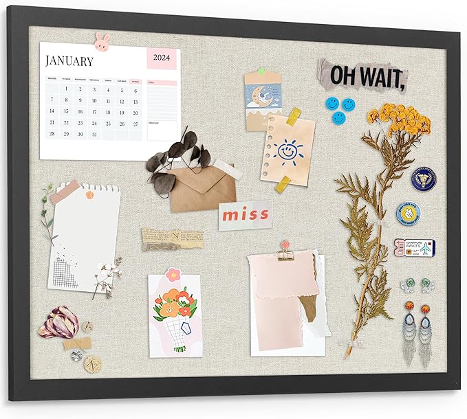 AKTOP Cork Board Bulletin Board with Linen 18" X 24", Large Framed Corkboard for Wall, Hanging Pin Board Picture Board for Home Office Decor, Cute Vision Board with Pushpins (Vintage Black)