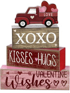 Lineshading 4 Pcs Valentine's Day Table Decoration Wooden Heart Truck Decor Valentine Tiered Tray Decor Valentine's Day Centerpiece Rustic Decorative Truck Block Sign Farmhouse for Home Kitchen Shelf
