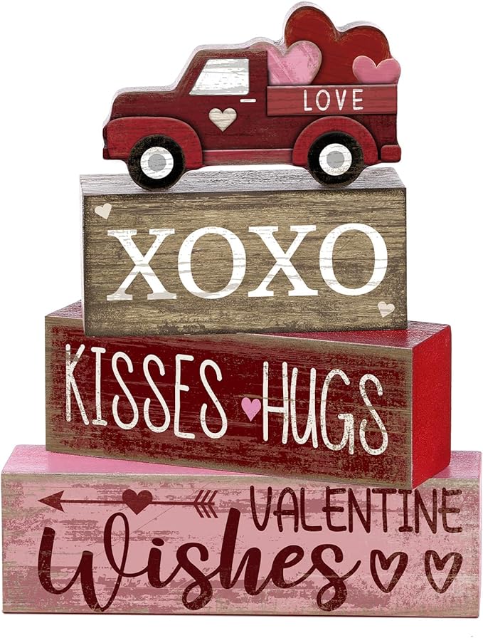 Lineshading 4 Pcs Valentine's Day Table Decoration Wooden Heart Truck Decor Valentine Tiered Tray Decor Valentine's Day Centerpiece Rustic Decorative Truck Block Sign Farmhouse for Home Kitchen Shelf