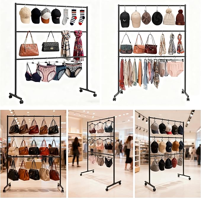 3 Tiers Rolling Display Tie & Scarf Rack Bras Underwear Shorts Socks Hats Gloves Belt Towel Accessories Organizer Holder for Home Commercial Clothing Retail Store, Floor Standing Hijab Stand