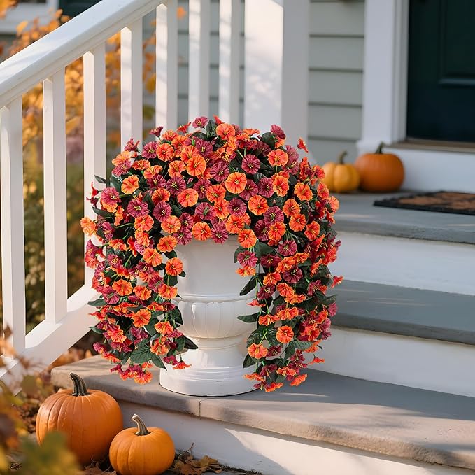 Fall Artificial Flowers for Outdoors Decoration, 2PCS Fake Hanging Plants Faux Realistic Silk Morning Glory Long Vines UV Resistant for Autumn Outdoor Porch Patio Balcony Yard Planter, Brown