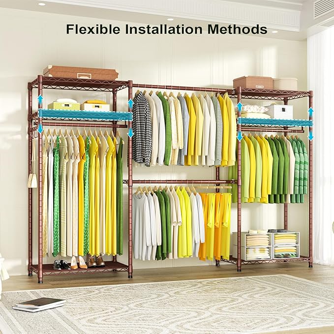 Ulif E1 Heavy Duty Closet Garment Rack, 6 Tiers Adjustable Metal Freestanding Expandable Clothing Storage with 4 Hanger Rods, Easy to Assemble Wardrobe, 71.4" H x (70" - 88.2") L x 14" D, Bronze