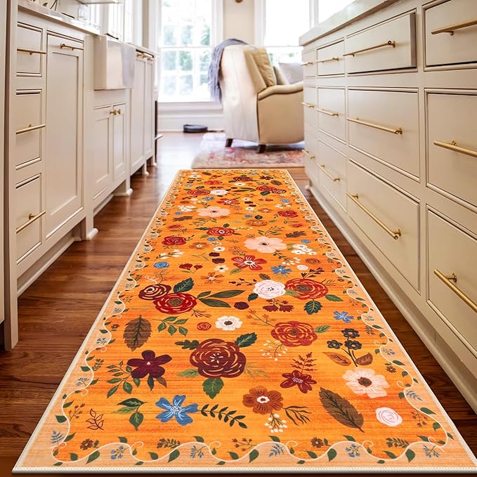 U'Artlines 2'6" x 8' Fall Boho Runner Rug for Hallways Kitchen Colorful Floral Soft Non Slip Washable Floor Carpet Runners for Entryway Laundry Room Bathroom Orange