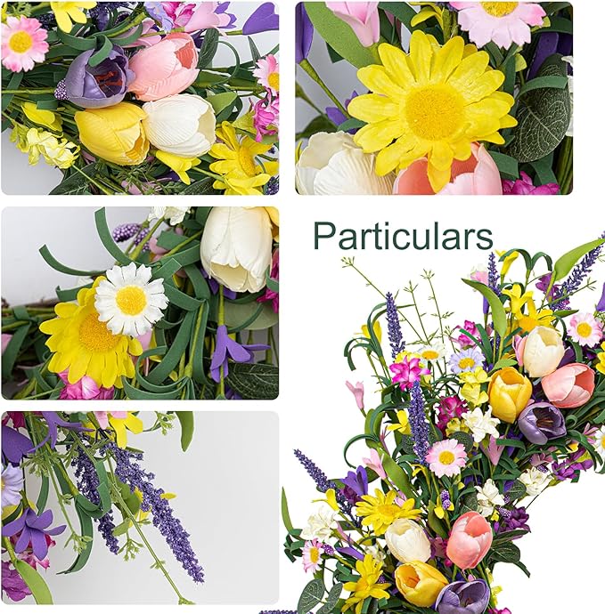 LLZLL Spring Wreath 22 inch Indoor Summer Wreaths Artificial Spring Wreaths for Front Door, Tulip Wreath with Daisy and Lavender for Home Holiday Decor