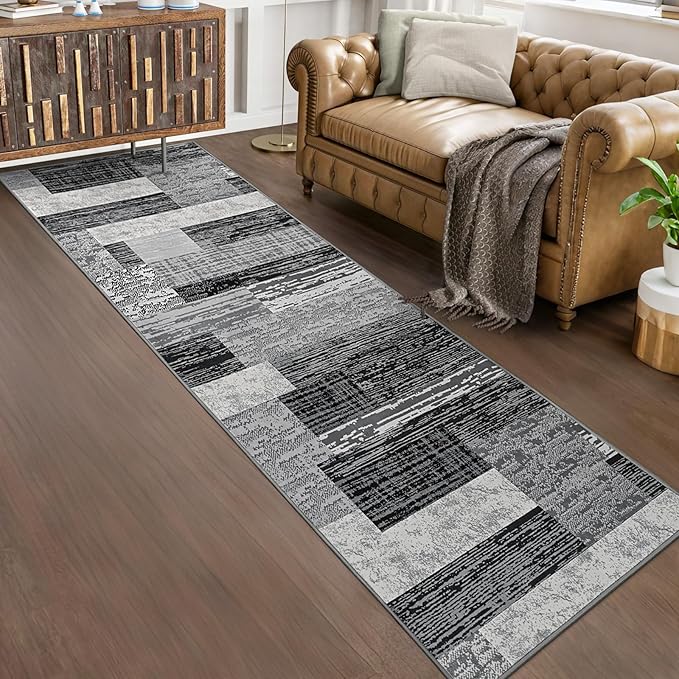 FlyDOIT Modern Geometric Patchwork Area Rug, 2.7x8 Grey Runner Rugs for Living Room, Rockwood Collection Indoor Rugs for Bedroom, Throw Carpet Floor Decor for Entryway Dining Room Office Nursery