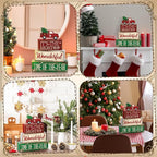 Moucuny 4 Pcs Christmas Decor Wooden Red Truck Winter Tiered Tray Decor Rustic Merry Christmas Table Centerpiece Wood Red Truck Block Sign Gift Farmhouse for Home Kitchen Tabletop Office Shelf