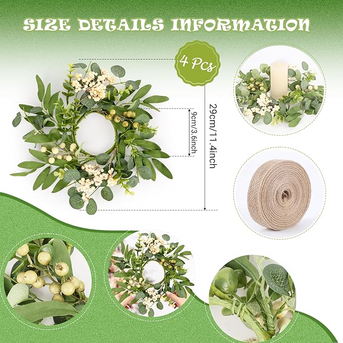4 Pcs Green Eucalyptus Swag Wreaths for Pillars Spring Summer Kitchen Cabinet Wreaths Mini Green Berry Leaves Wreath with Ribbon for Front Door Porch Wall Window Farmhouse Decoration