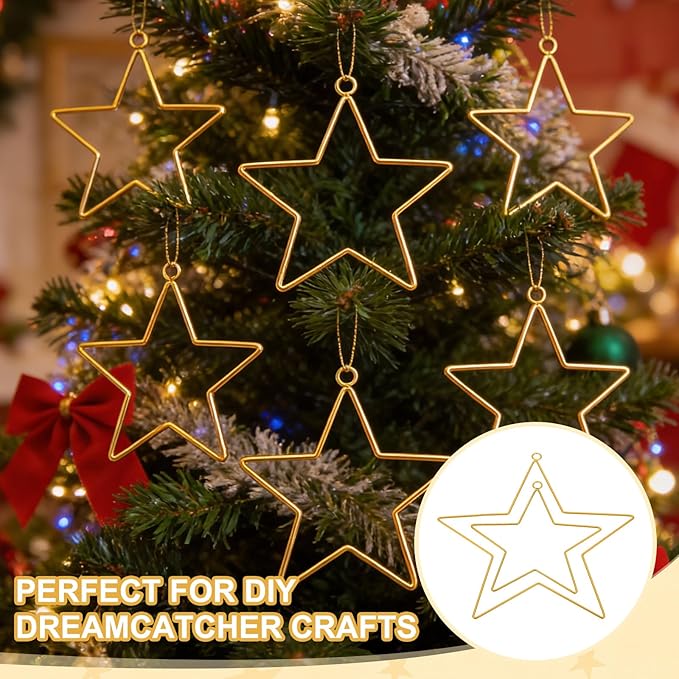 MECCANIXITY 4 Pcs Star Dream Catcher Rings, 10" Dream Catcher Metal Hoops Macrame Wreath Rings Pentagram Floral Hoops for DIY Craft Making Home Wedding Wall Hanging Decoration, Gold