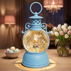 Easter Snow Globe Lantern, 9.4" Bunny Couple Lighted Snow Lantern with 6-Hour Timer, Battery or USB Powered, Spring Easter Decorations for Home, Easter Bunny Gift & Blue Easter Decor