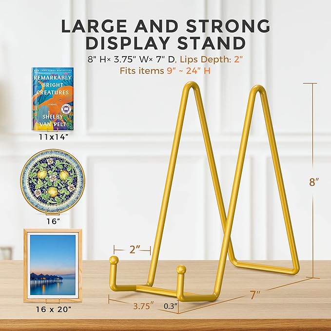 TR-LIFE 4 Pack 8 Inch Plate Stands/Holder for Display, Large, Gold Metal Picture Stand, Decorative Platter, Book, Plaques, Photo Frame Easel