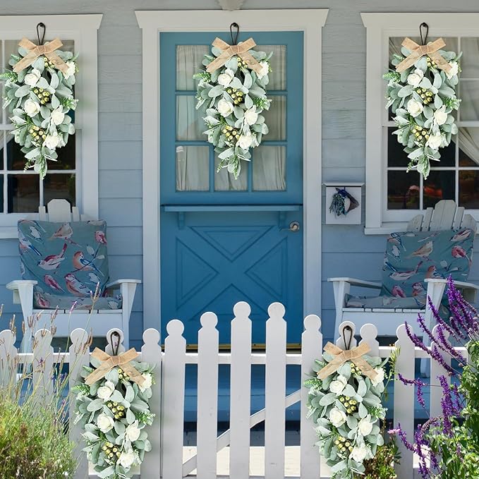 2 Pcs 24" Artificial White Rose Teardrop Wreaths Swag Spring Summer Flower Berries Swags Wreath White Floral Hanging Wreaths for Kitchen Cabinet Doors Window Wall Wedding Party Home Decor