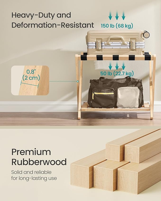 SONGMICS Solid Wood Luggage Rack, No Assembly Required, Foldable Suitcase Stand, Luggage Holder, with Storage Shelf, for Guest Room, Hotel, Bedroom, Natural Beige URLR020N02