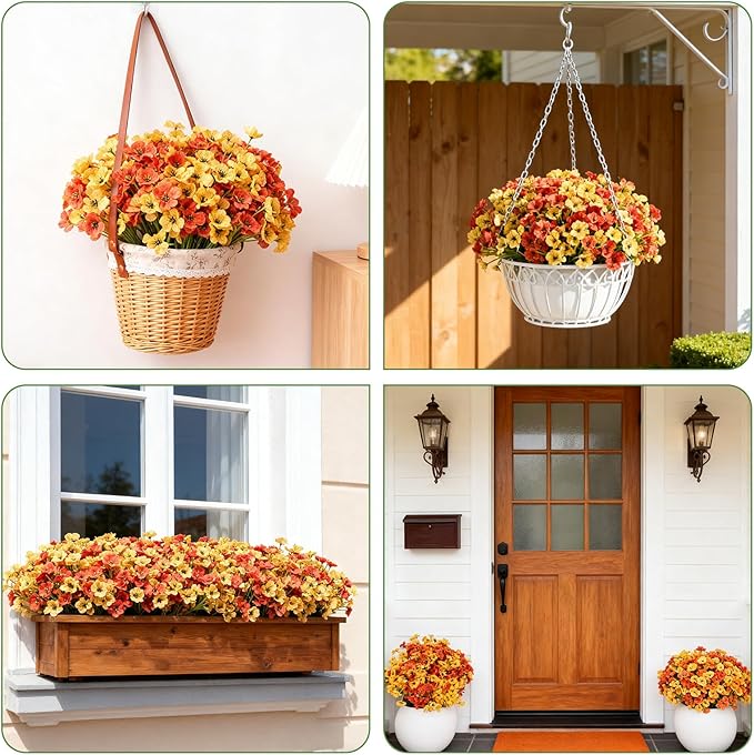 Artificial Fall Flowers for Outdoor Faux Plants for Spring Summer Decoration, UV Resistant Realistic Silk Plastic Fake Autumn Fall Flowers Garden Porch Patio Balcony Yard Front Home Decor, 24 Bundles
