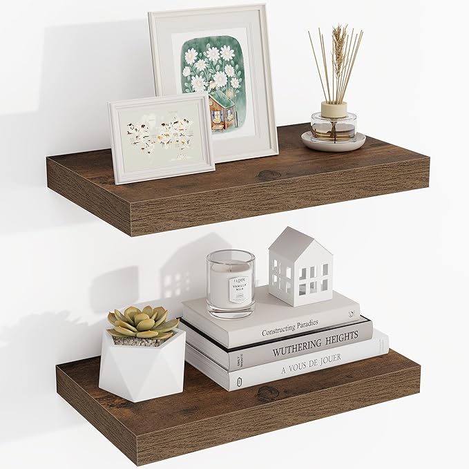 Acovy 16 Inch Floating Shelves, 16"x9.25"x1.5" Inch Deep Floating Shelves for Wall, Wooden Shelves for Bathroom, Bedroom, Living Room, Brown, 2 Pieces