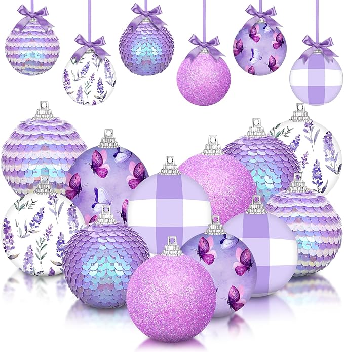 Zhanmai 12 Pcs Spring Balls Ornaments Butterfly Ball Hanging Decorations Lavender Flower Theme Ball Decorations for Holiday Easter Home Party Favors Decor(Spring)
