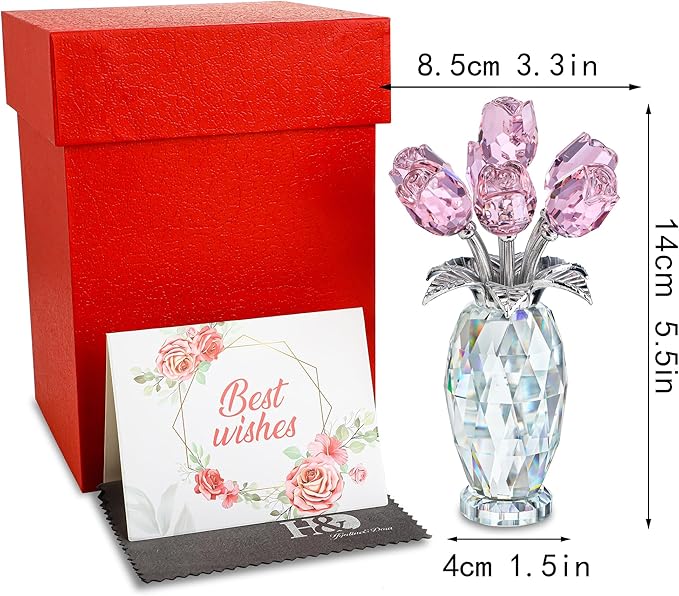 H&D HYALINE & DORA Pink Crystal Rose Bouquet Figurine,Handmade Rose Flower Gifts for Mom Gifts for Women,Glass Flower Collectible Ornament Home Table Wedding Decor