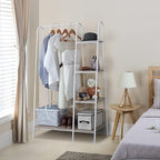 Finnhomy Metal Clothes Closet Rack, Clothing Rack for Hanging Clothes White Heavy Duty Garment Rack with 5 Wood Shelves Freestanding Portable Closet Organizer for Bedroom/Entryway/Boutiques