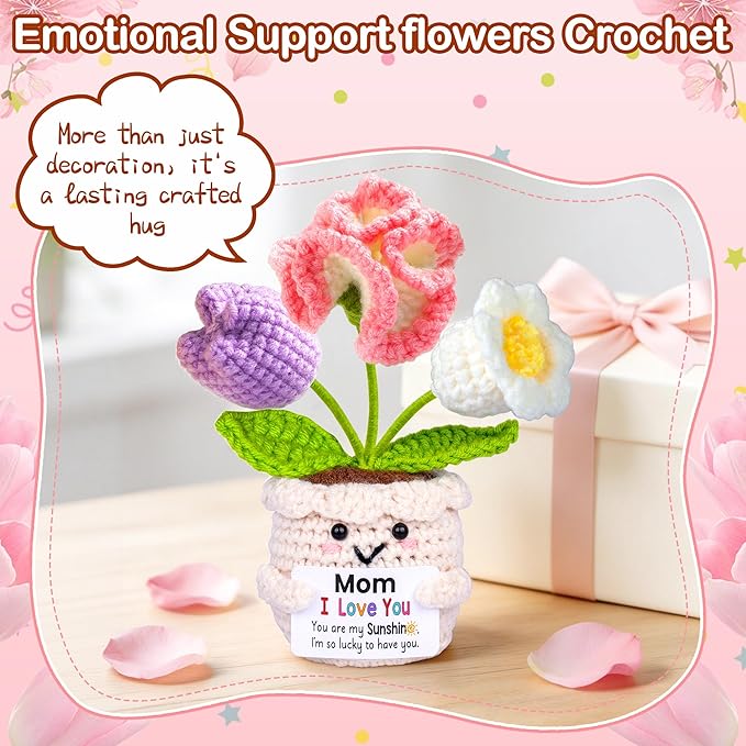 Gifts for Mom from Daughter Son, Mom Birthday Gifts, Gift for Moms Mother in Law Step Mama Mommy, Mother's Day Birthday I Love You Present for Moms, Cute Handmade Crochet Positive 3 Flowers Doll