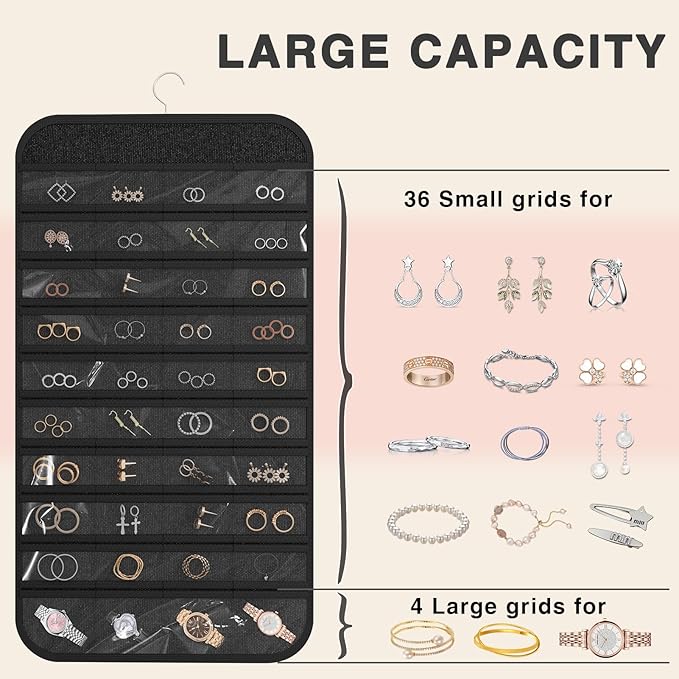 2-Pack Hanging Jewelry Organizer Storage, 40 Pockets 36 Hooks Necklace Earring Necklace Bracelet Ring Organizer, Double - Sided Design, Black