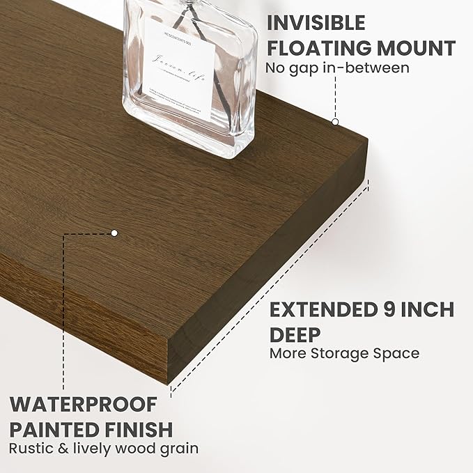 Solid Wood Floating Shelves For Wall, 55”W x 9”D x 1.56”H Large Wall Shelves for Living Room Bedroom Bathroom Kitchen Drcor Storage with Invisible Heavy-Duty Metal Bracket, Light Brown, Set of 1