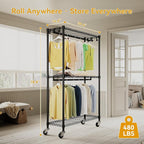 Heavy Duty Garment Rack with Wheels, H2 Plus Rolling Clothing Rack for Hanging Clothes, Load 480 LBS Portable Closet, Metal Adjustable Shelves & Double Hanging Rods for Bedroom Storage, Black