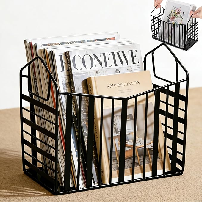 Noamus Metal Magazine Holder, Document File Rack with Handle, Newspaper Book Folder Mail Organizer Bin, Iron Wire Tablet Storage Basket Stand for Home Office Bathroom Bedroom Den Living Room, Black