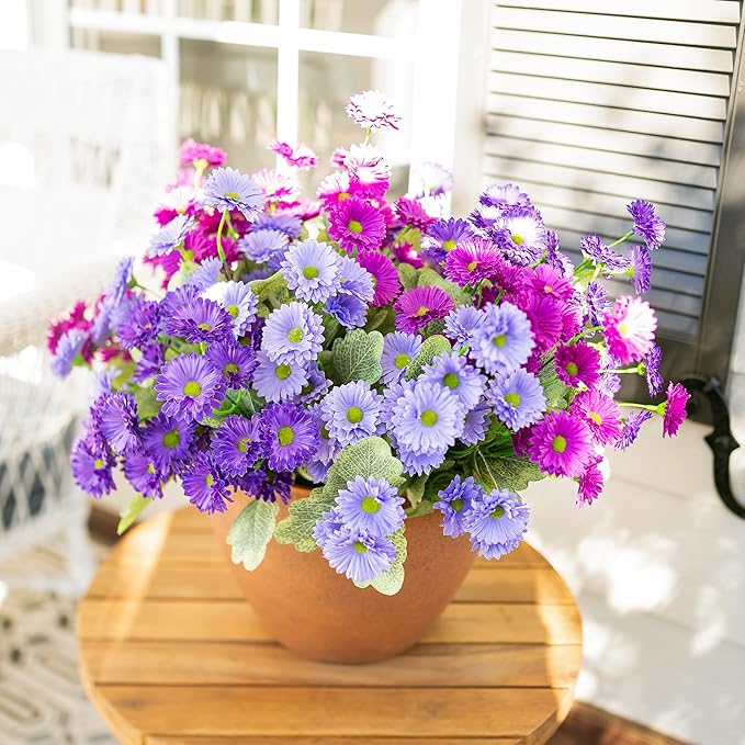 HyeFlora Artificial Flowers for Outdoors Dahlia Spring Summer Decoration, 6 Bundles Fake Daisy Faux Plants Realistic UV Resistant Silk Flowers for Outside Planter Front Door Yard Garden Home Home, Mix