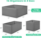 Drawer Clothing Organizer 16-Pack, Grey 3 Sizes Underwear Drawer Dividers, Fabric Folding Wardrobe Organizer, Can Store Baby Clothes, Bras, Underwear, Panties, Belts, Socks, Ties, etc.