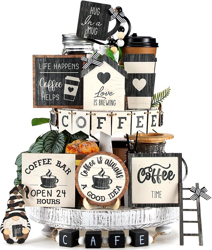 Mifoci 17 Pcs Coffee Tiered Tray Decorations Wooden Coffee Bar Decor Farmhouse Bar Accessories Gnome Wooden Table Sign for Table Kitchen Winter Valentines Gift