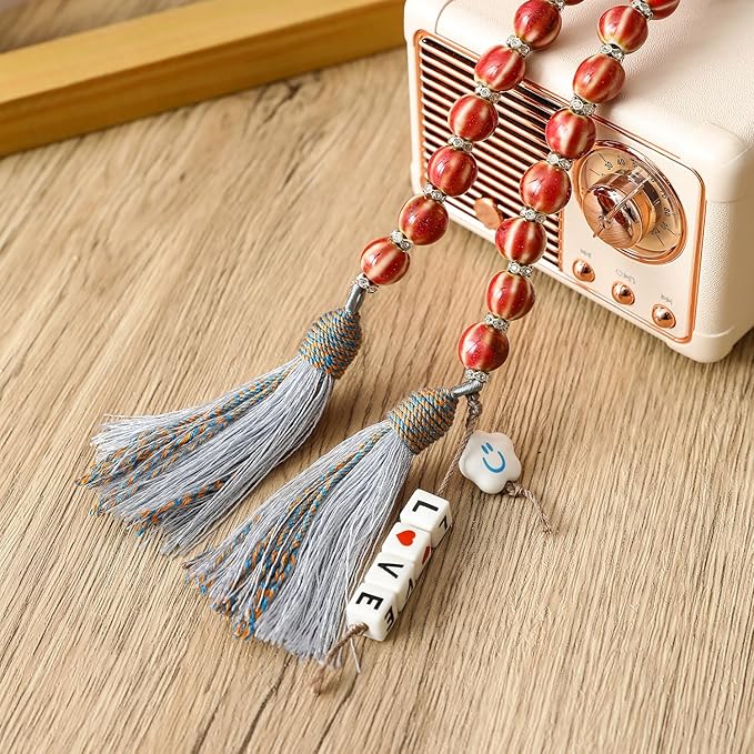 Farmhouse Ceramic Beads 50in Handcrafted Colors Bead Garland with Tassels Rustic Decor Prayer Boho Beads Big Wall Hanging and Coffee Table Decor Red Bead