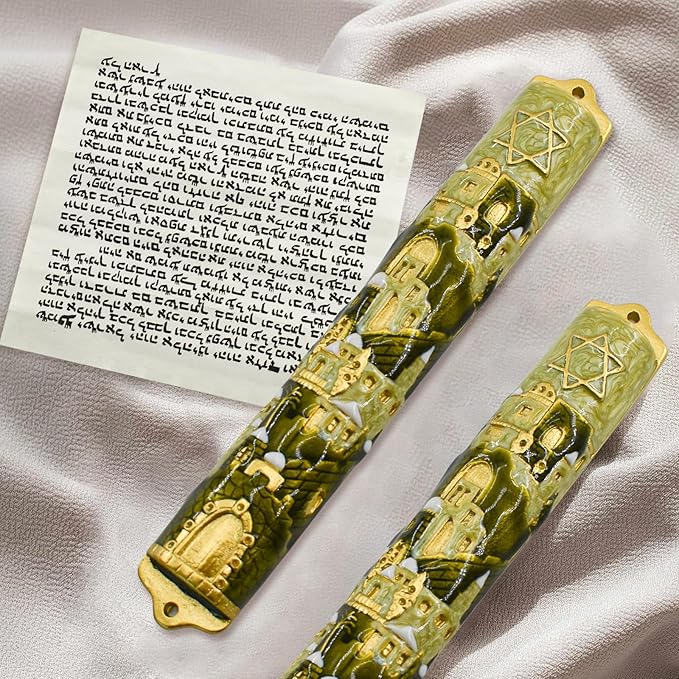 Mezuzah with Scroll for Door, Enamel&Zinc Alloy Blessing Mezuzah Case for Door, Colored Painted Mezuzha Scroll Kosher for Jewish Gifts/Jewish Decor, Christmas (Gold, 5.78 * 0.86 in)