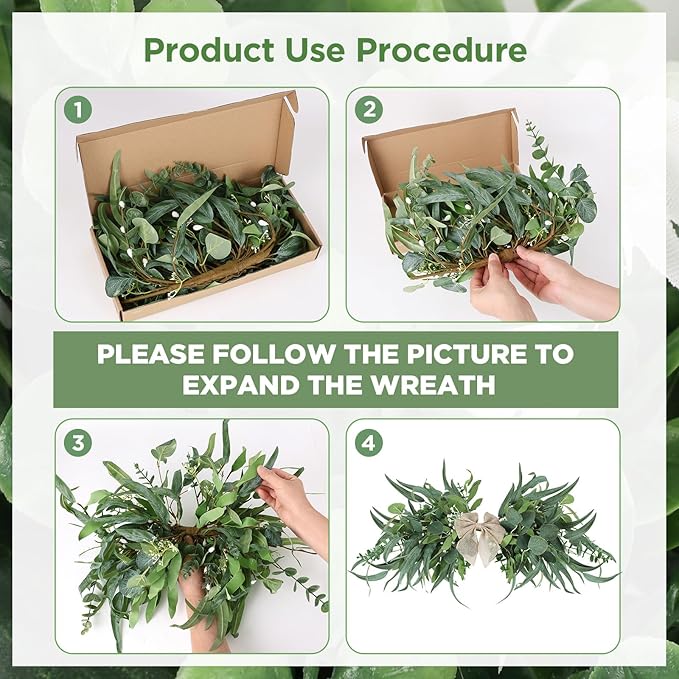 2 Floral Swag for Front Door 24" Greenery Teardrop Swag Eucalyptus Swag Summer Wreath with Eucalyptus Olives Leaves Mixed Berry for Wedding Arch Party Wall Home Garden Decor