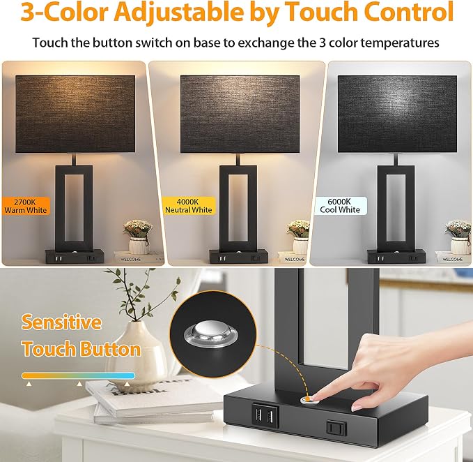 27.2’’ Tall Black Table Lamps for Living Room Bedroom, Bedside Touch Control Lamps with 2 USB Ports&AC Outlet, 3 Color Temp.&Stepless Dimming Desk Lamp Sets for Home Office, Pre-assembled Black Shade